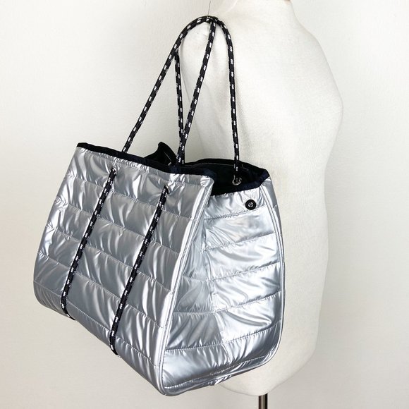 Puffer Metallic Silver Nylon Large Tote Puffy - Picture 2 of 10
